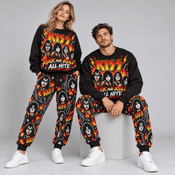 Premium KISS Rock and Roll All Nite Graphic Sweater and Jogger Pants Set NDN Worn Set Mockup