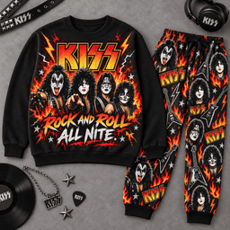 Premium KISS Rock and Roll All Nite Graphic Sweater and Jogger Pants Set NDN Flat Set Mockup