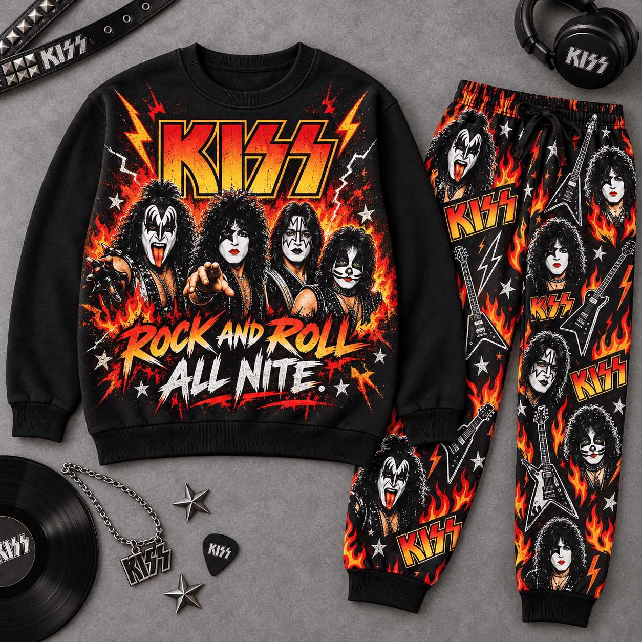 Premium KISS Rock and Roll All Nite Graphic Sweater and Jogger Pants Set NDN Flat Set Mockup