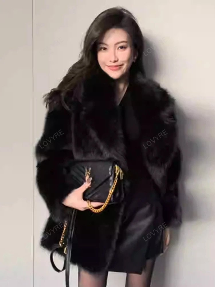 black faux fur coat women luxury winter outerwear