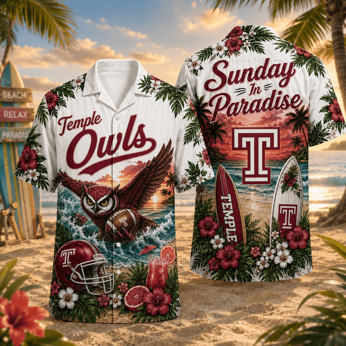 Temple Owls PLNCAACY01 NCAA Personalized Hawaiian Shirt