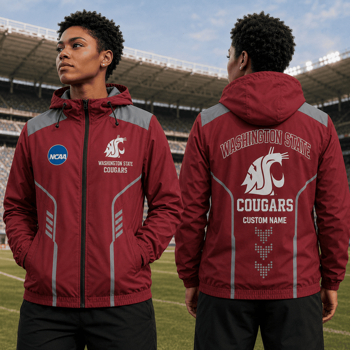 Washington State Cougars TDNCAAWJ01 NCAA Personalized Outdoor Windbreaker Jacket
