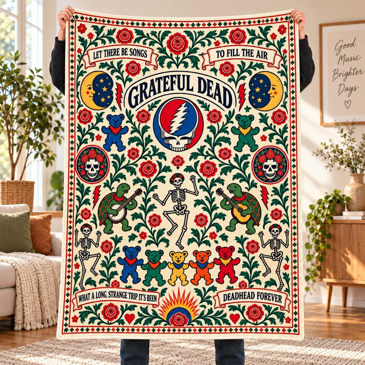 Grateful Dead Vintage Folk Art Sherpa Blanket – Dancing Bears, Steal Your Face & Roses Throw, Deadhead Gift