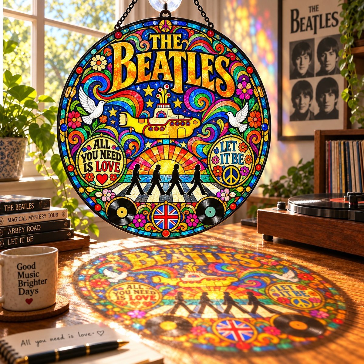 The Beatles Magical Mystery Stained Glass Suncatcher – Yellow Submarine & Abbey Road Vintage Window Hanging