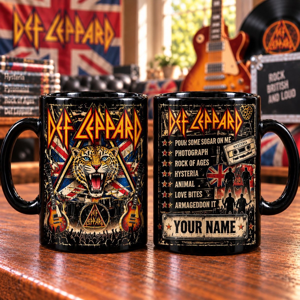 Def Leppard Personalized Mug – Hysteria & Pour Some Sugar On Me Classic Rock Coffee Mug