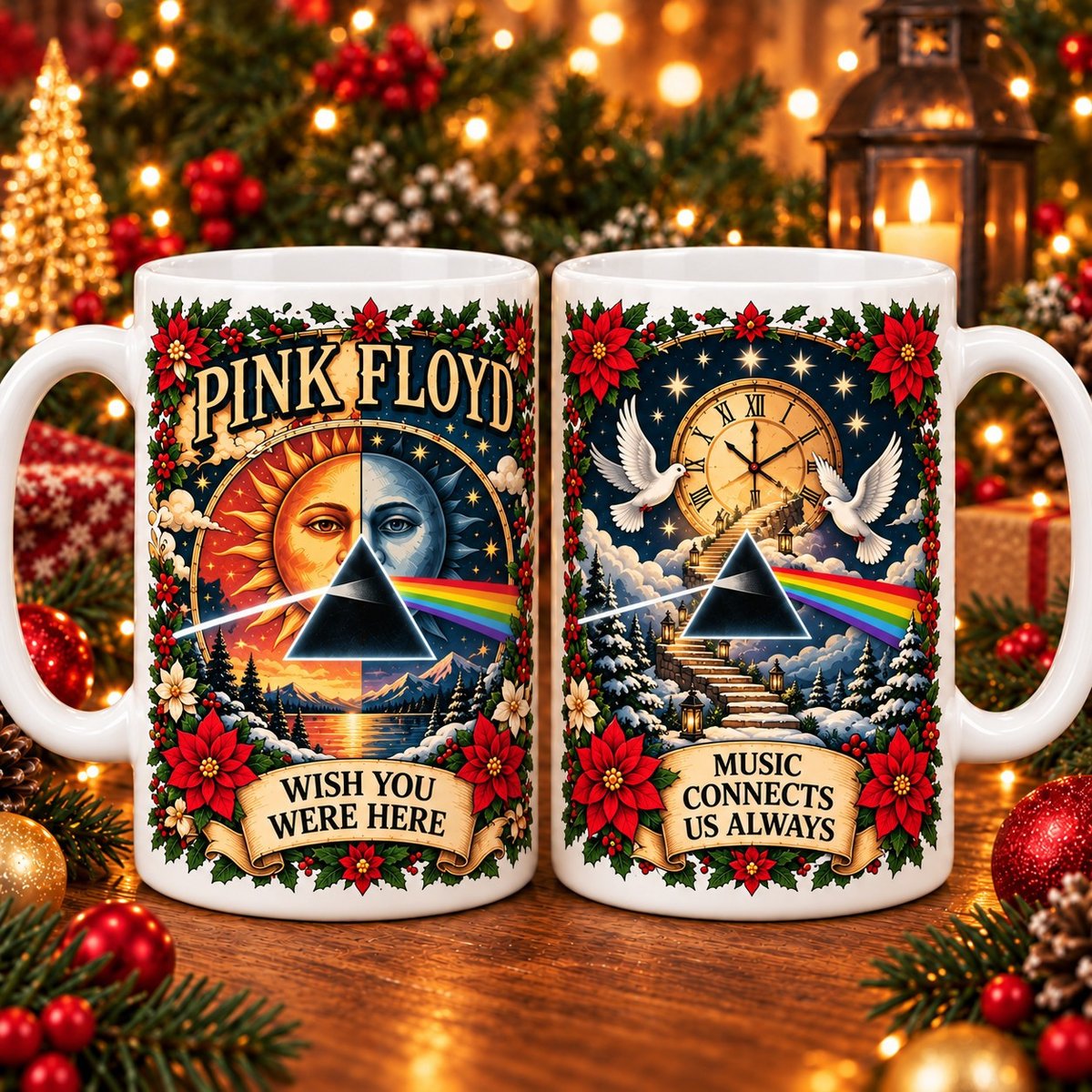 Pink Floyd Wish You Were Here Christmas Mug – Vintage Psychedelic Rock Coffee Cup, Holiday Music Gift for Fans