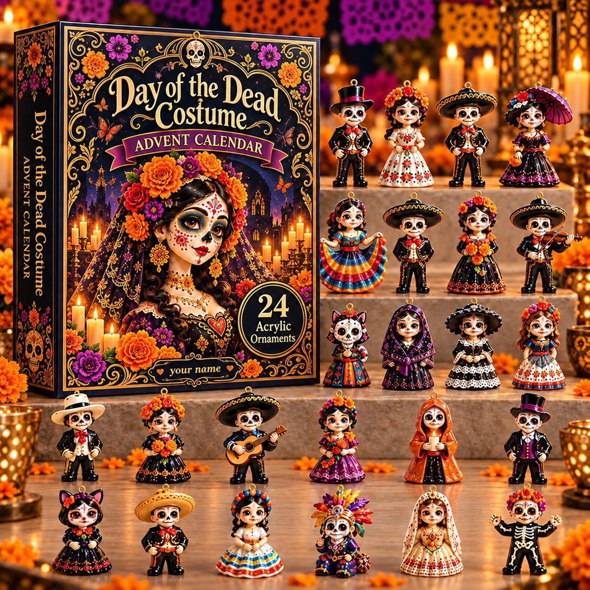 2026 Day of the Dead Acrylic Blind Box Calendar – Personalized 24 Days of Mystery Collectible Figurines, Custom Name Sugar Skull Characters & Festive Holiday Surprises