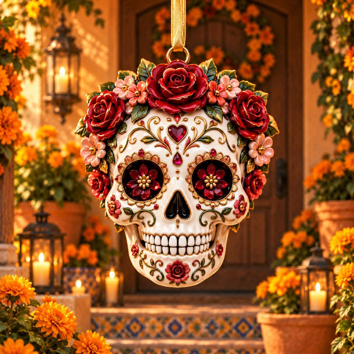 Crimson Rose Sugar Skull Ornament – Día de los Muertos Floral Hanging Decoration, Mexican Folk Art Day of the Dead Gift
