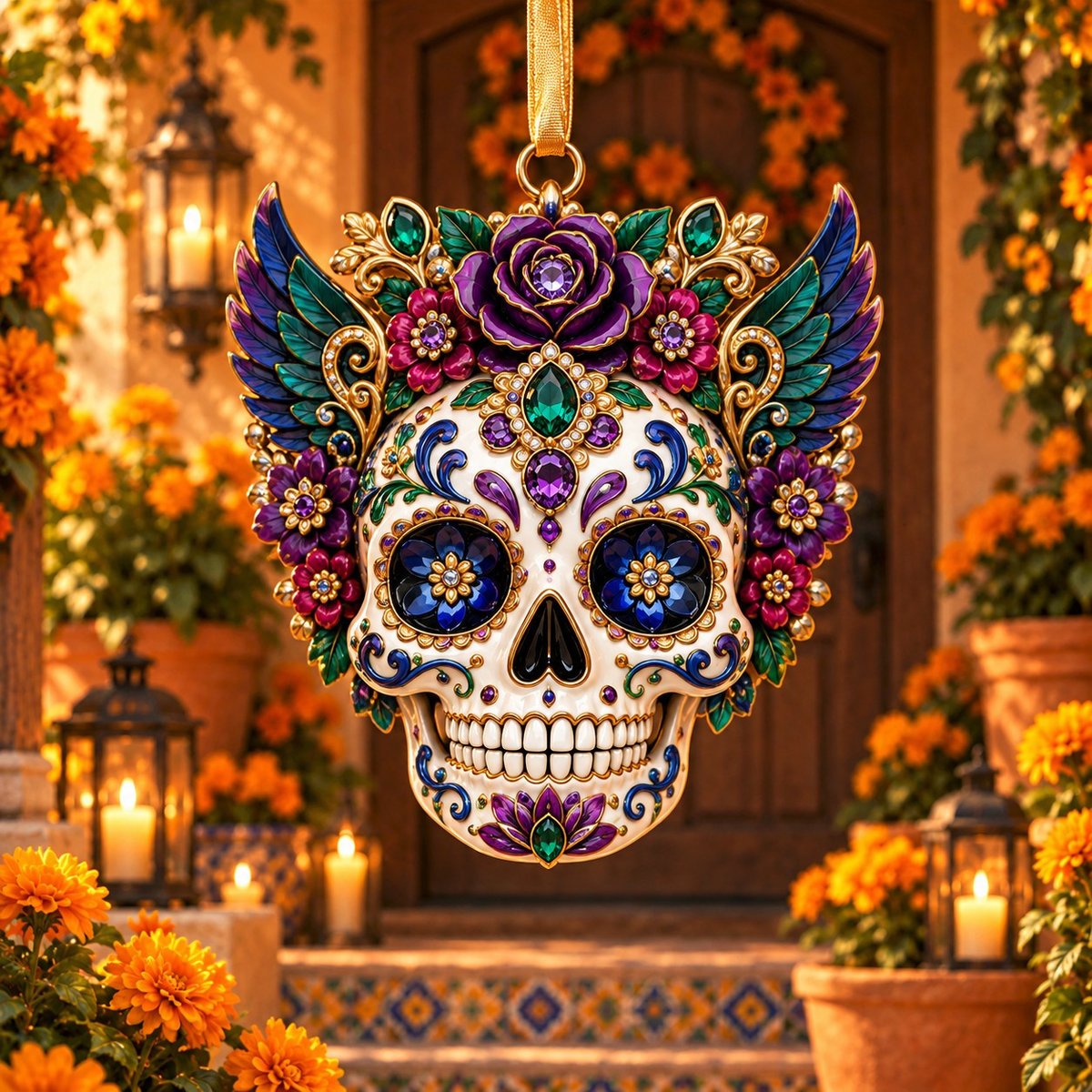 Mystic Purple Rose Sugar Skull Ornament – Día de los Muertos Jewel-Tone Hanging Decoration, Mexican Folk Art Gift