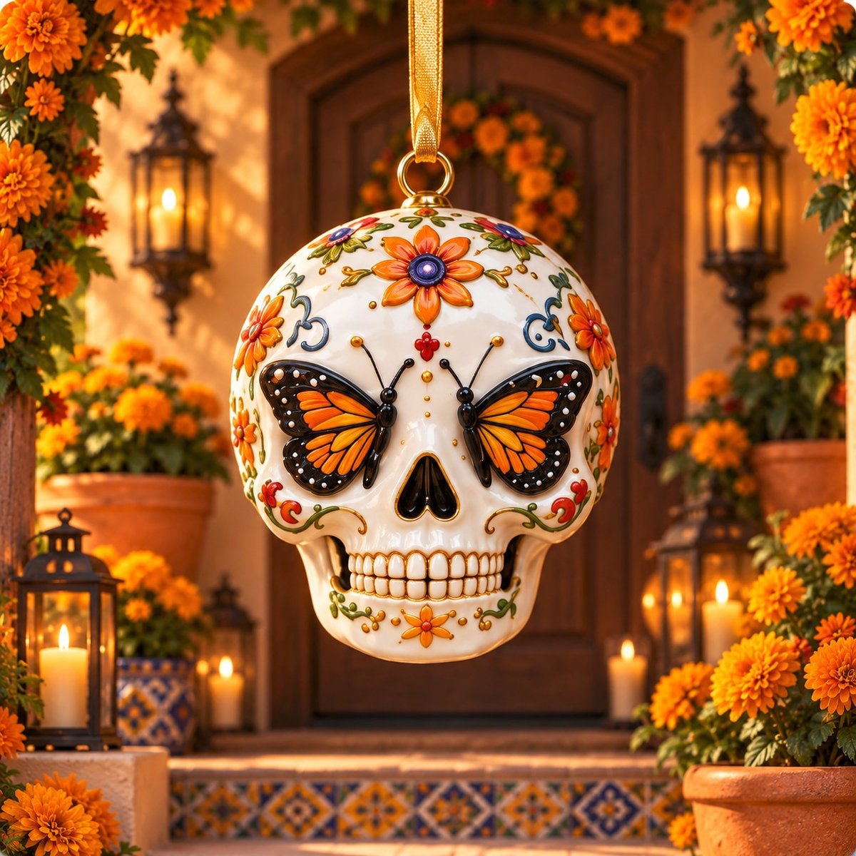 Monarch Butterfly Sugar Skull Ornament – Día de los Muertos Floral Hanging Decoration, Mexican Folk Art Day of the Dead Gift