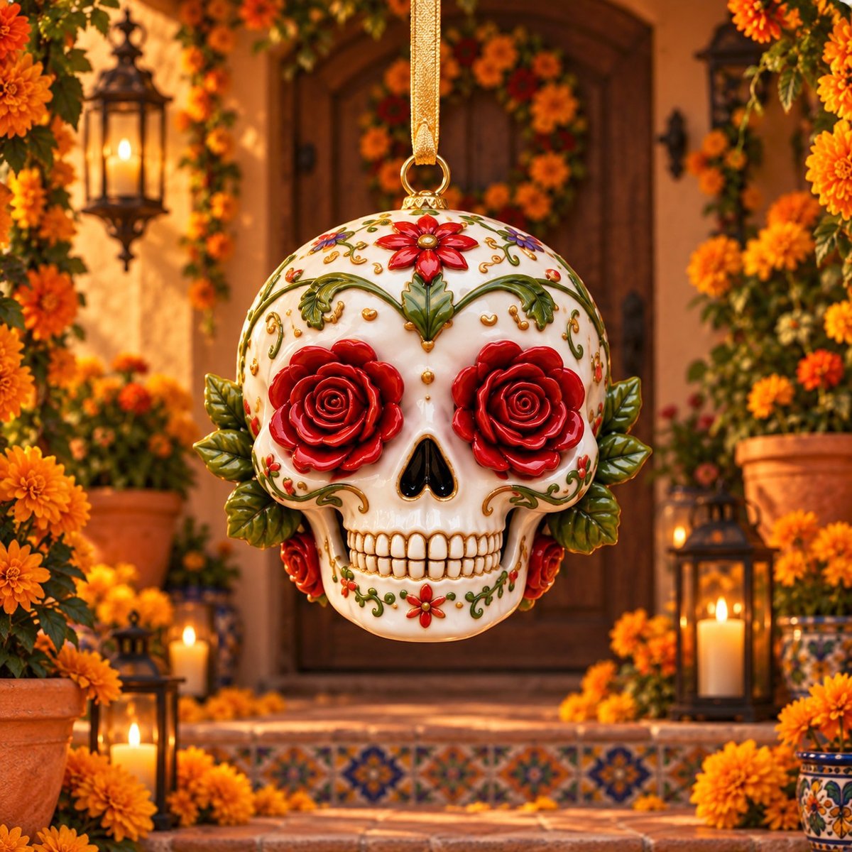 Red Rose Eyes Sugar Skull Ornament – Día de los Muertos Floral Hanging Decoration, Mexican Folk Art Day of the Dead Gift