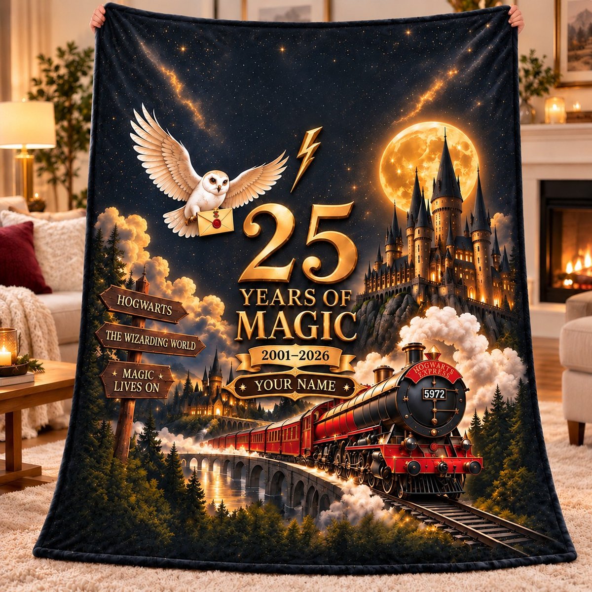 25 Years of Magic Personalized Sherpa Blanket – Wizard & Witch Fantasy Movie Fan Gift, Cozy Fleece Throw Blanket