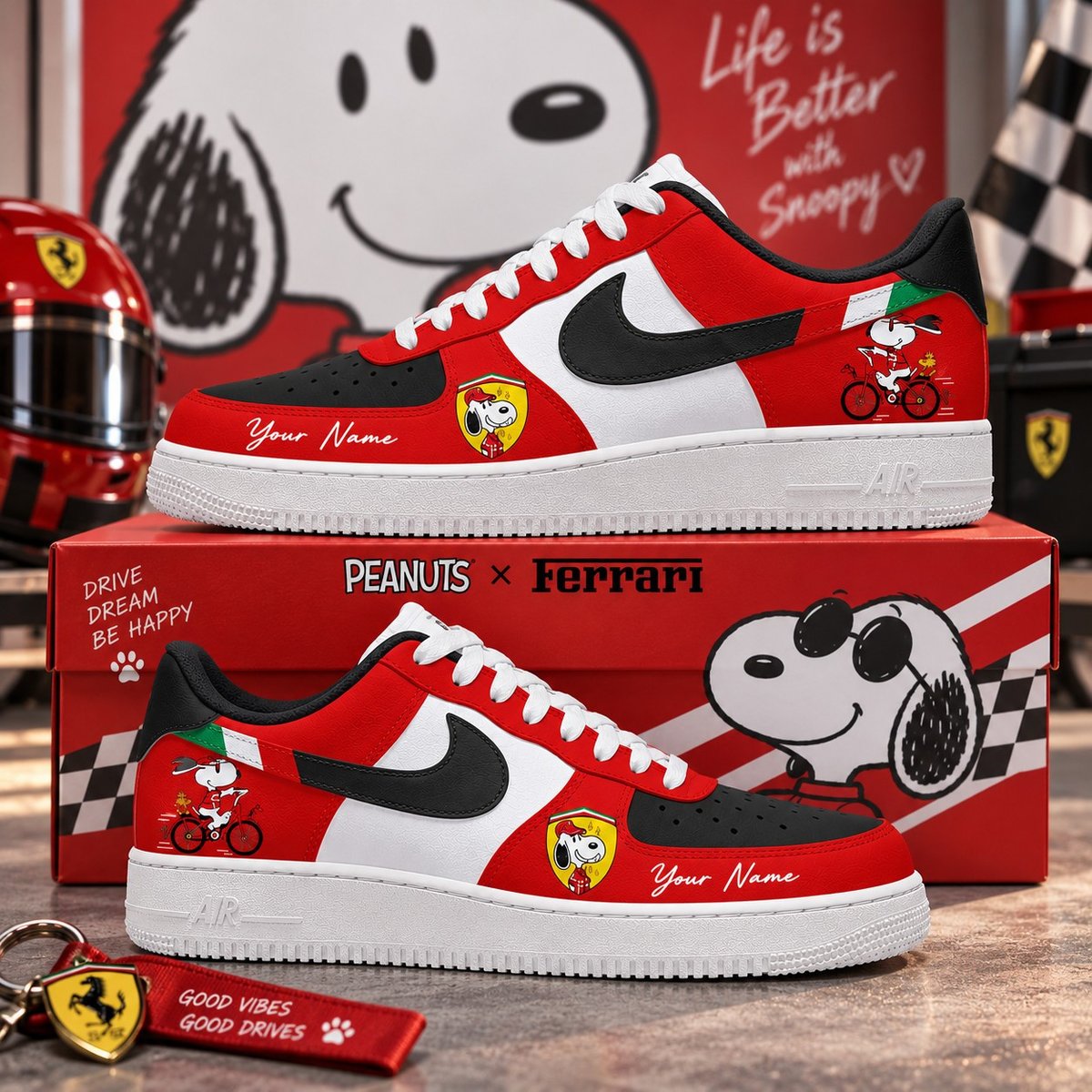 Snoopy x Ferrari Racing Custom Sneakers – Personalized Name Low Top Shoes, Motorsport Fan Gift