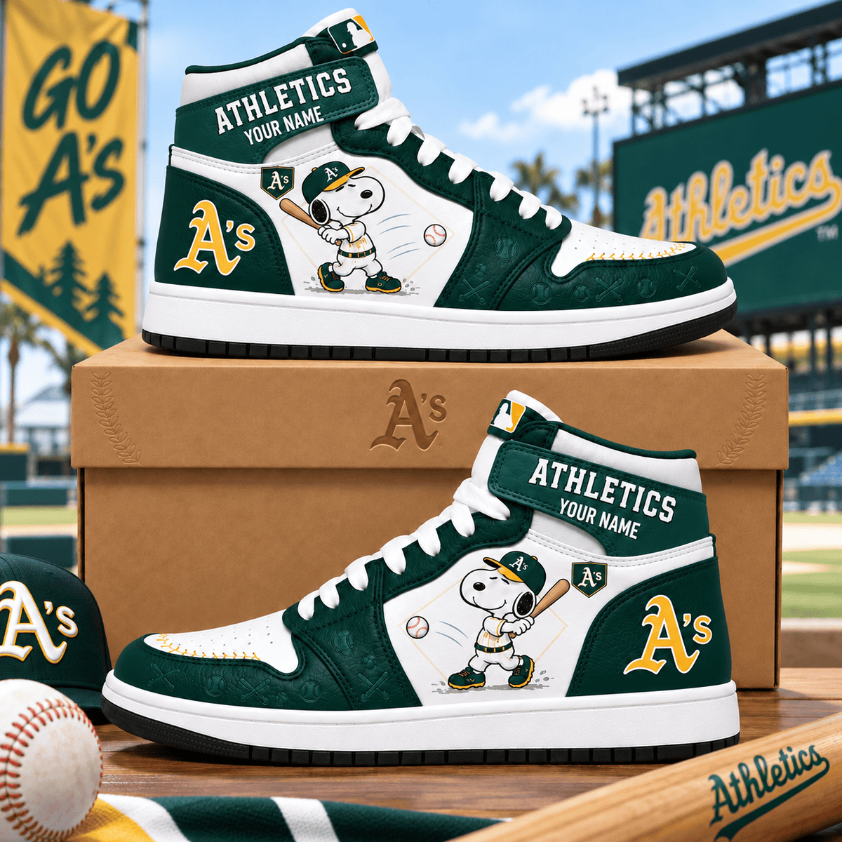 Athletics Snoopy MLB Home Run Custom Name High Top Sneakers