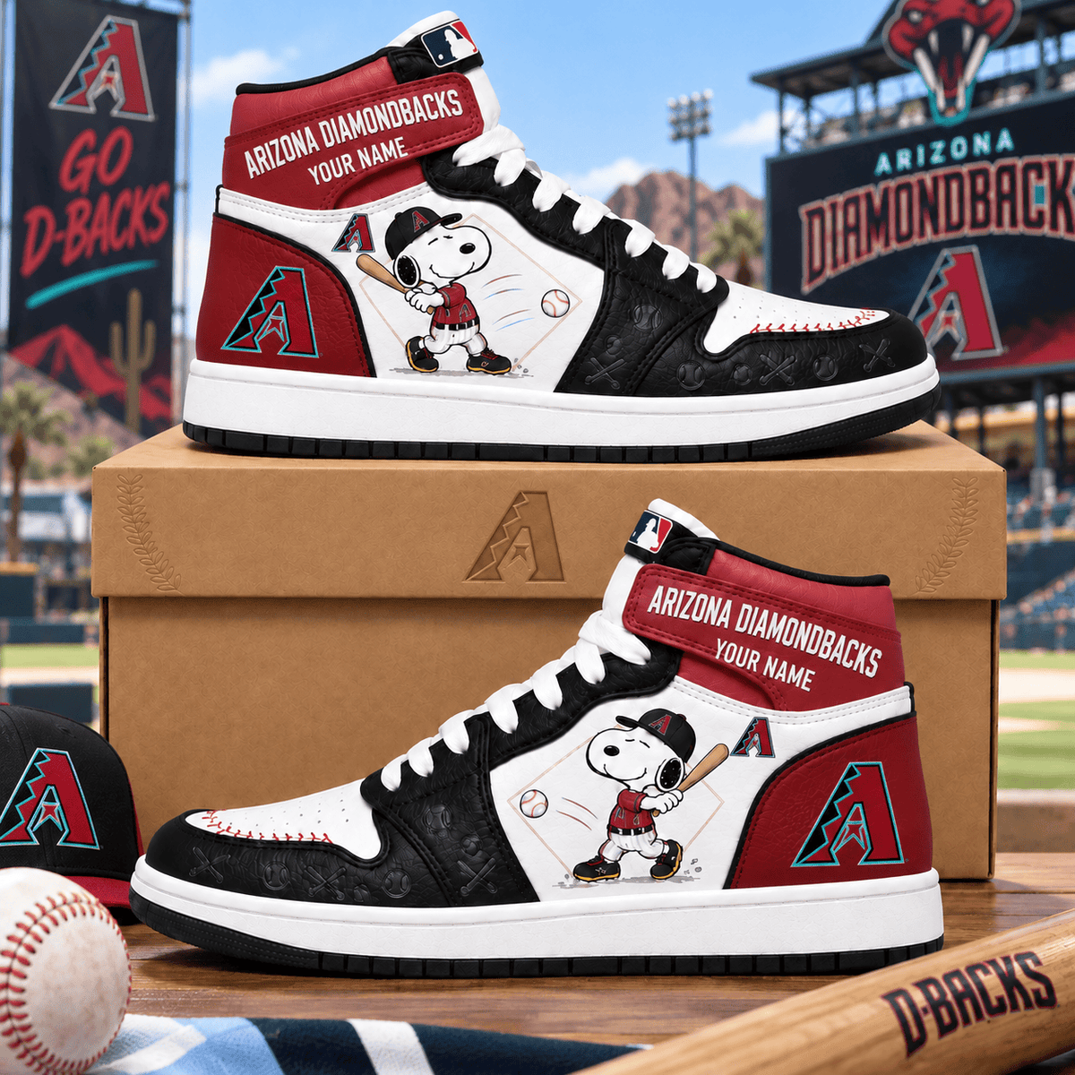 Arizona Diamondbacks Snoopy MLB Home Run Custom Name High Top Sneakers