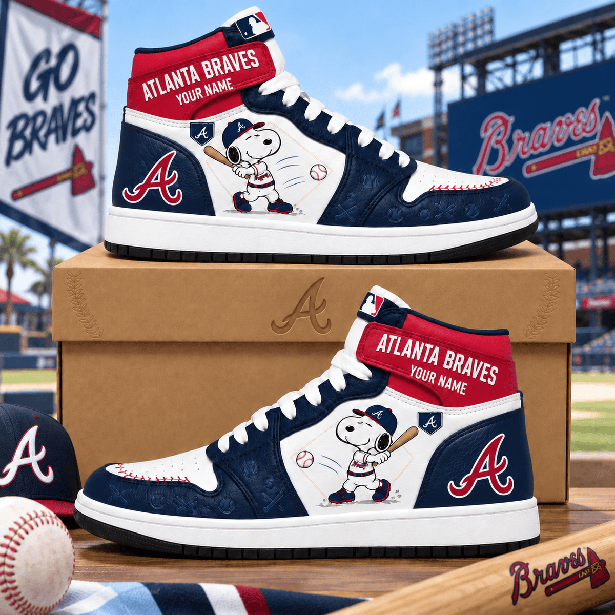 Atlanta Braves Snoopy MLB Home Run Custom Name High Top Sneakers