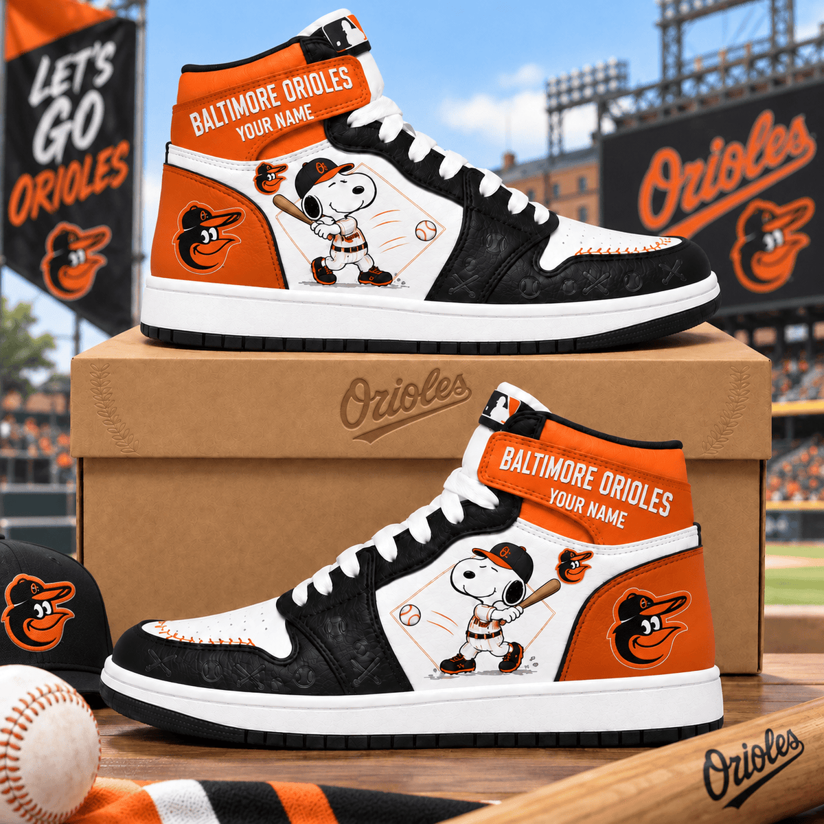 Baltimore Orioles Snoopy MLB Home Run Custom Name High Top Sneakers