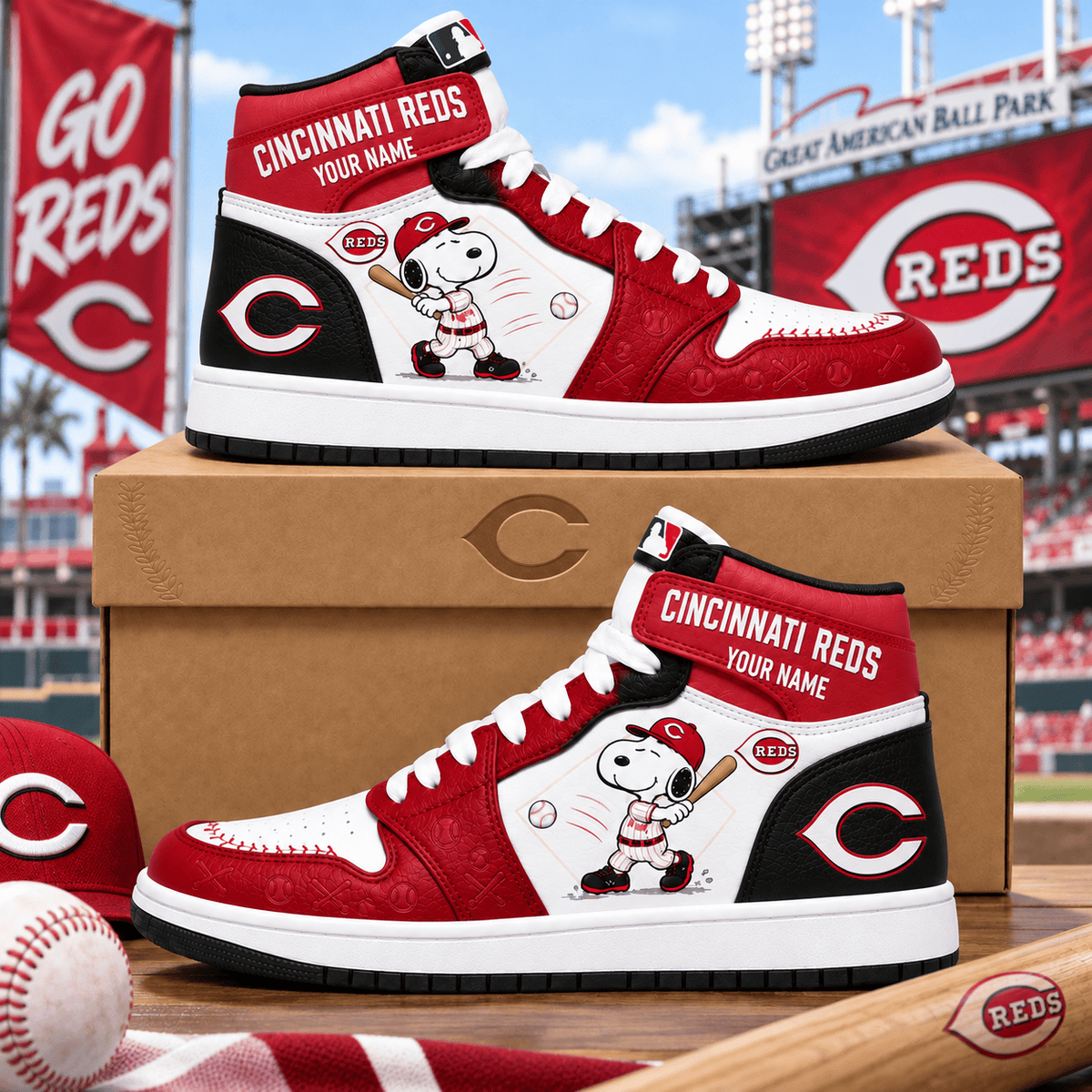 Cincinnati Reds Snoopy MLB Home Run Custom Name High Top Sneakers