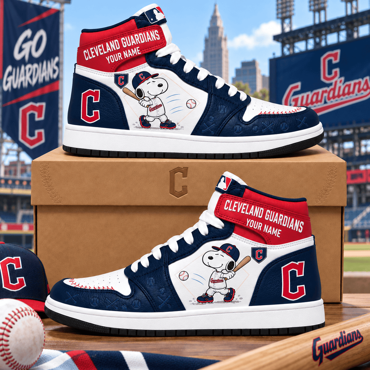 Cleveland Guardians Snoopy MLB Home Run Custom Name High Top Sneakers