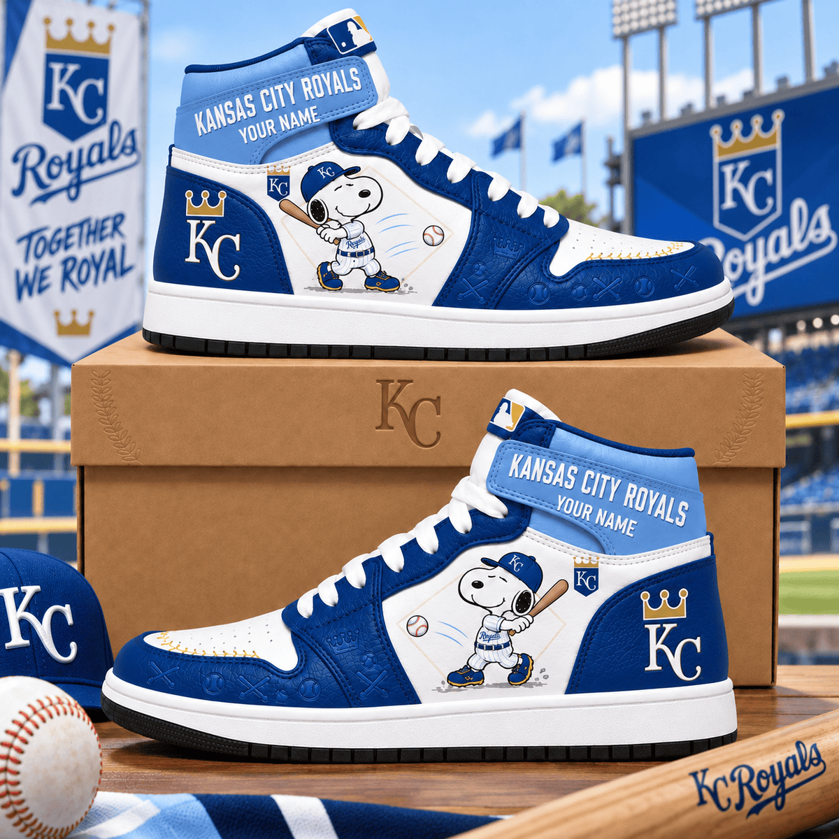 Kansas City Royals Snoopy MLB Home Run Custom Name High Top Sneakers