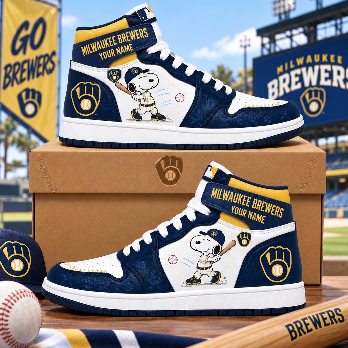 Milwaukee Brewers Snoopy MLB Home Run Custom Name High Top Sneakers