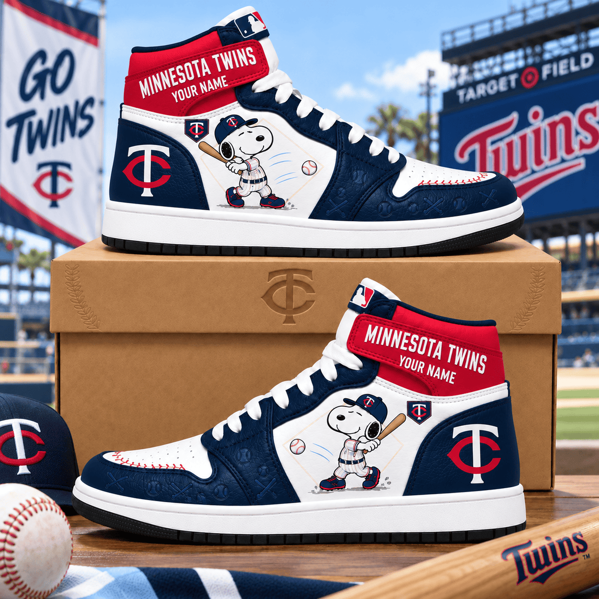 Minnesota Twins Snoopy MLB Home Run Custom Name High Top Sneakers