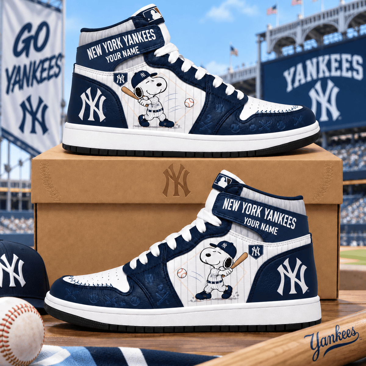 New York Yankees Snoopy MLB Home Run Custom Name High Top Sneakers