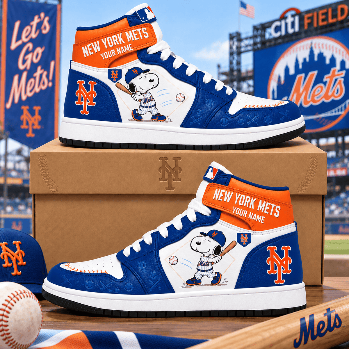 New York Mets Snoopy MLB Home Run Custom Name High Top Sneakers