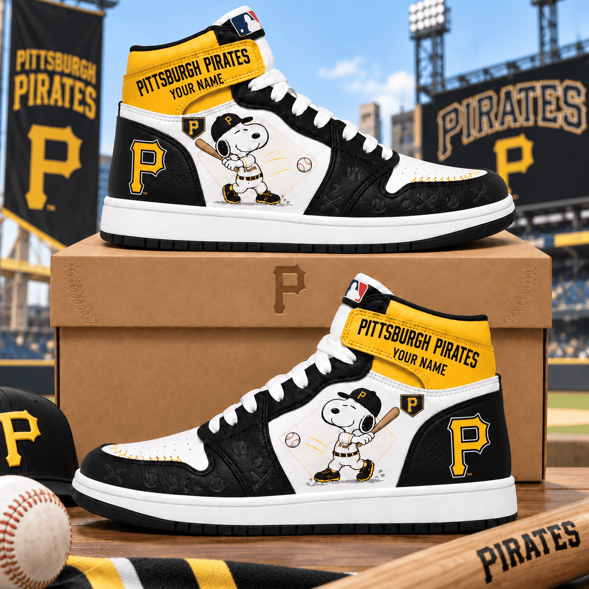 Pittsburgh Pirates Snoopy MLB Home Run Custom Name High Top Sneakers