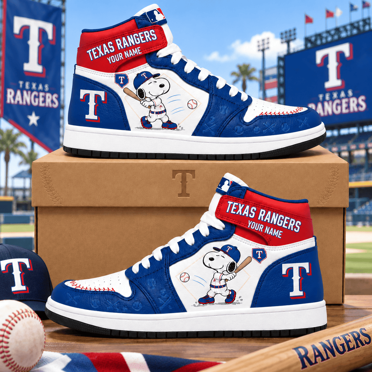 Texas Rangers Snoopy MLB Home Run Custom Name High Top Sneakers
