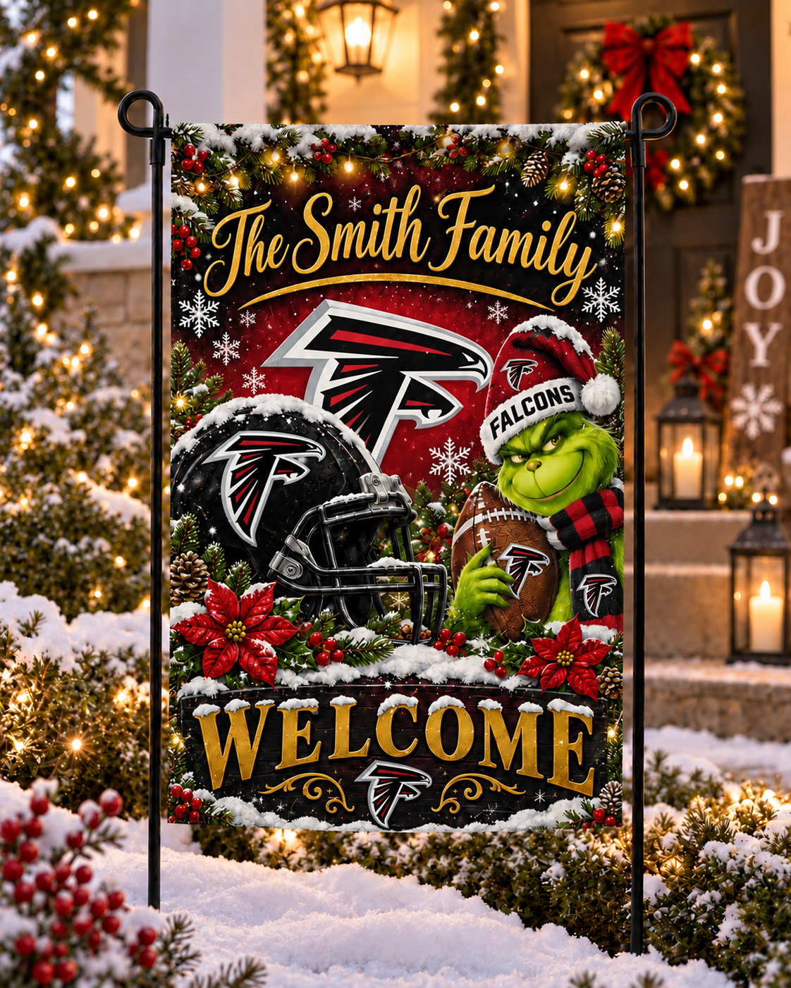 Atlanta Falcons NFL Christmas Grinch Personalized Family Name Welcome Garden Flag