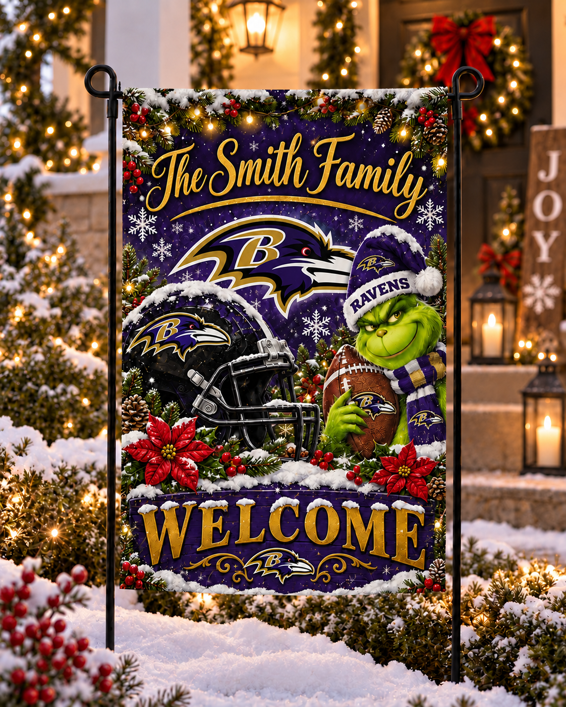 Baltimore Ravens NFL Christmas Grinch Personalized Family Name Welcome Garden Flag