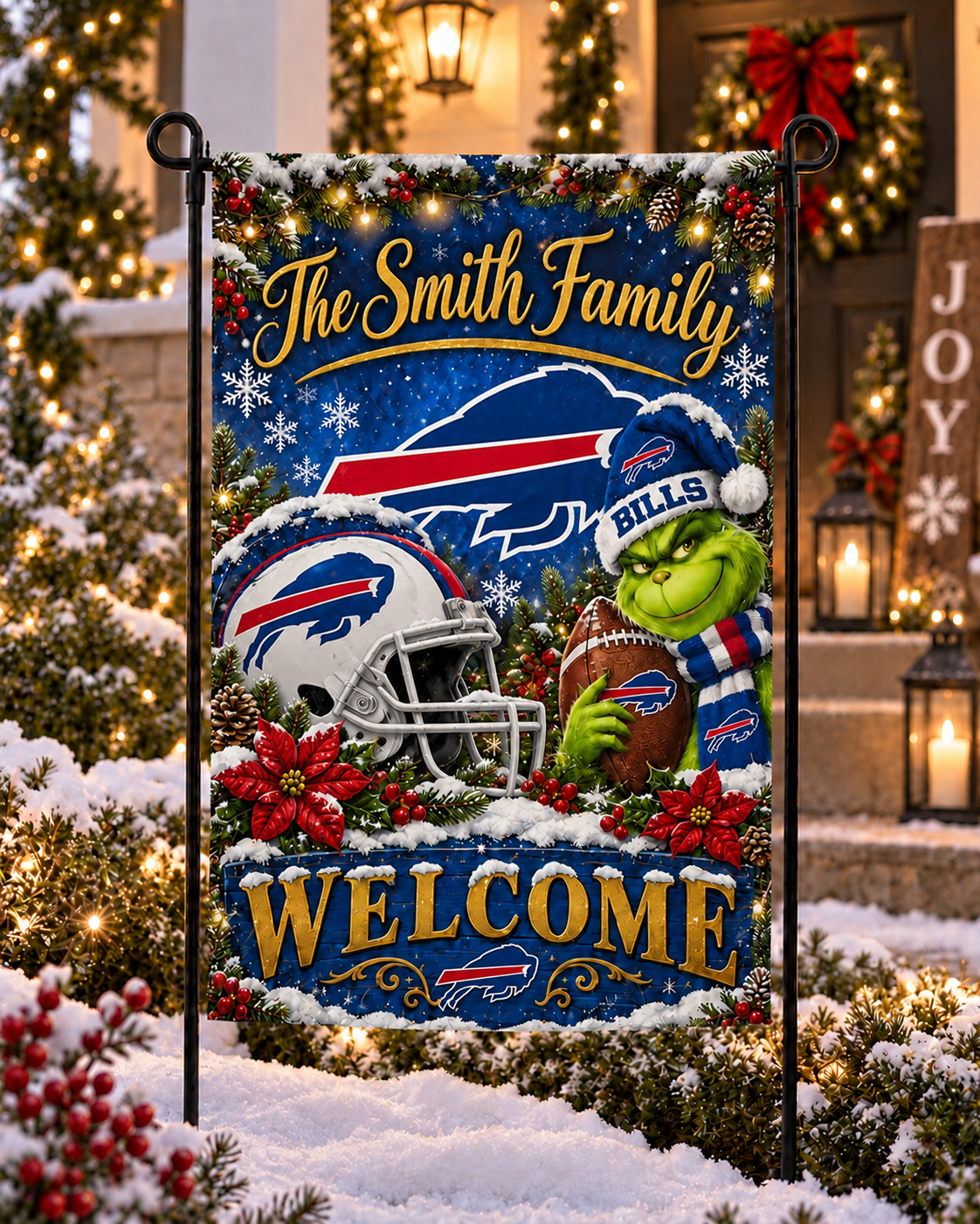 Buffalo Bills NFL Christmas Grinch Personalized Family Name Welcome Garden Flag