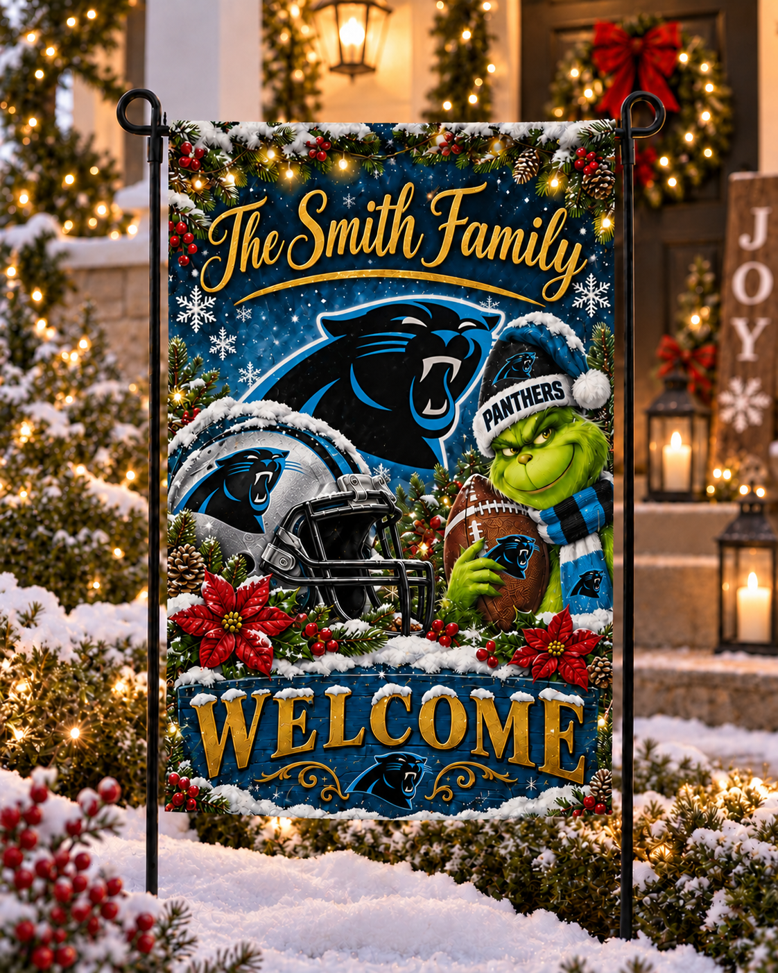 Carolina Panthers NFL Christmas Grinch Personalized Family Name Welcome Garden Flag