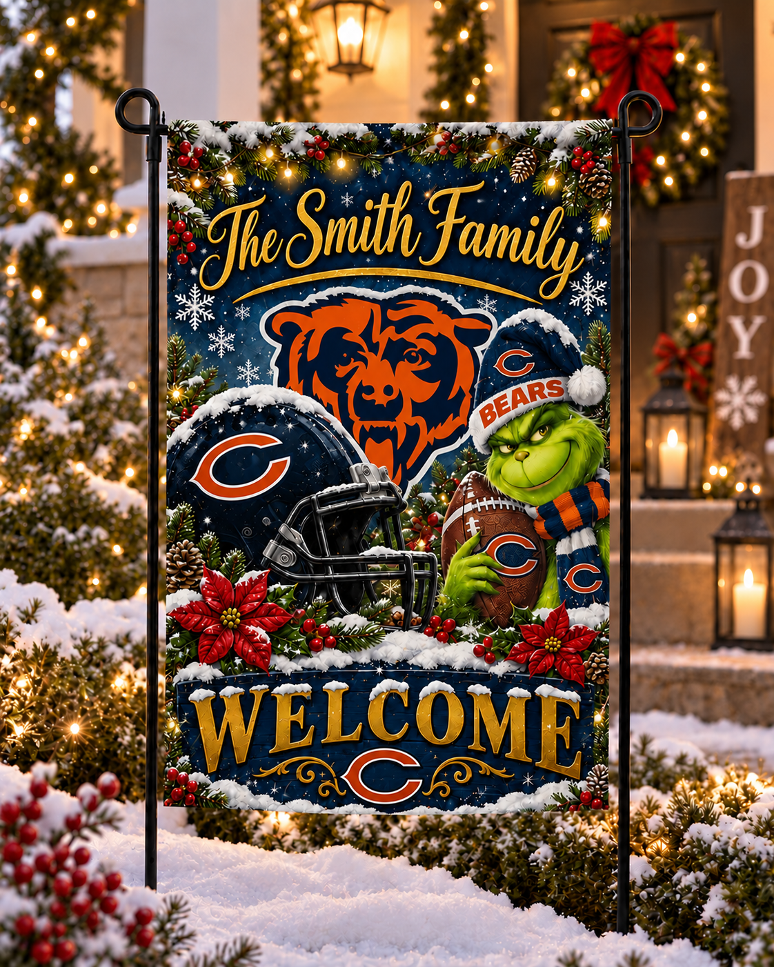 Chicago Bears NFL Christmas Grinch Personalized Family Name Welcome Garden Flag