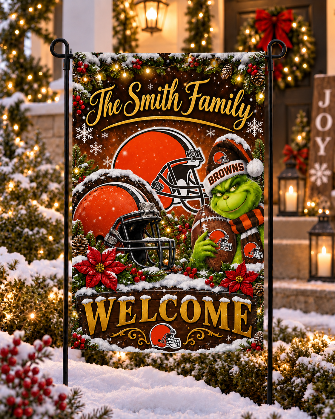Cleveland Browns NFL Christmas Grinch Personalized Family Name Welcome Garden Flag