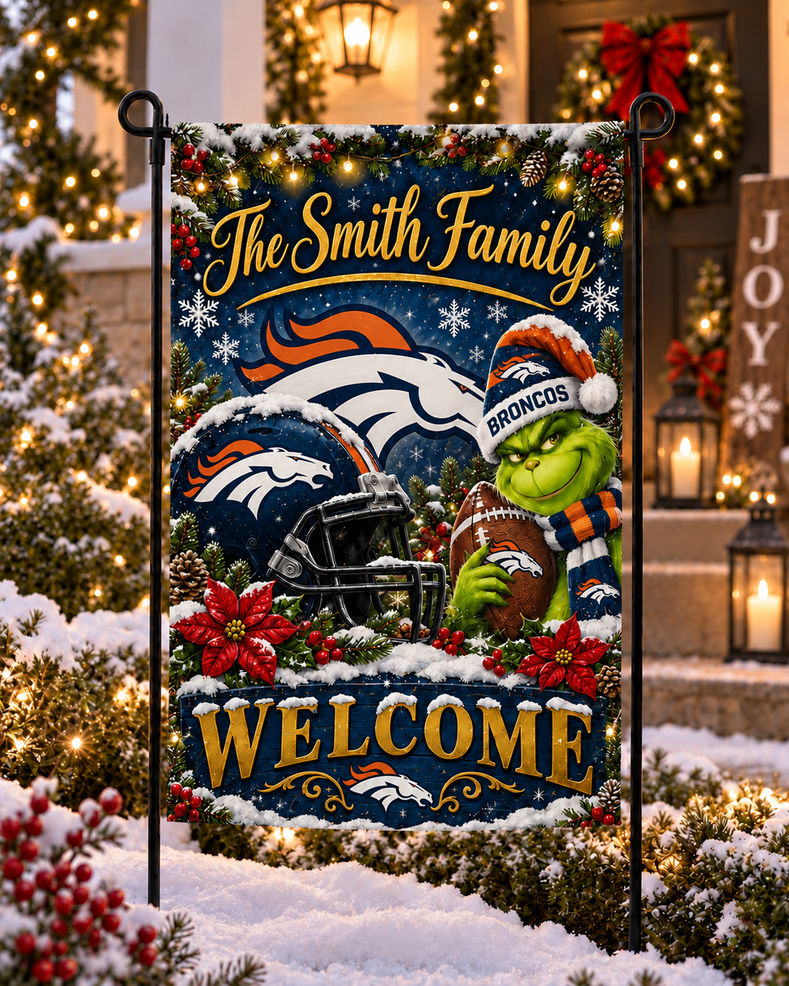 Denver Broncos NFL Christmas Grinch Personalized Family Name Welcome Garden Flag