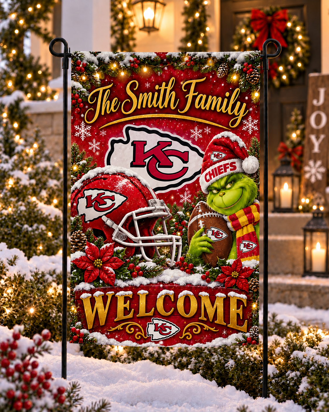 Kansas City Chiefs NFL Christmas Grinch Personalized Family Name Welcome Garden Flag