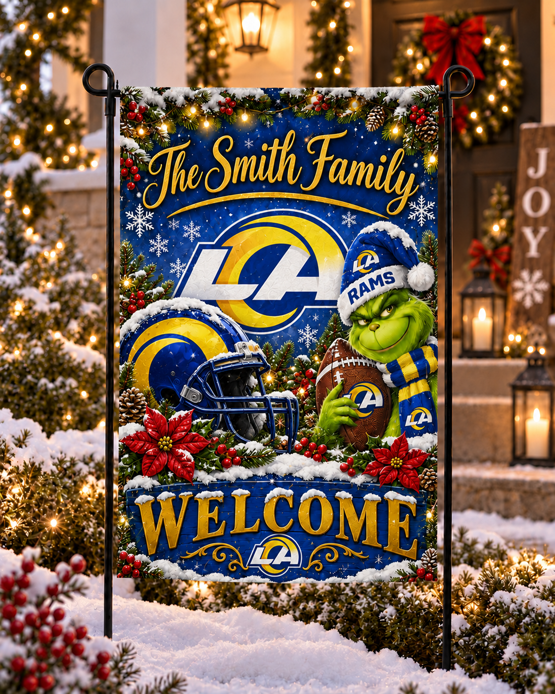 Los Angeles Rams NFL Christmas Grinch Personalized Family Name Welcome Garden Flag