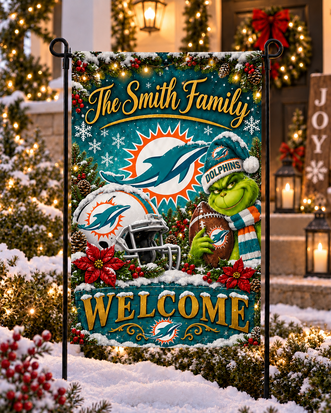 Miami Dolphins NFL Christmas Grinch Personalized Family Name Welcome Garden Flag