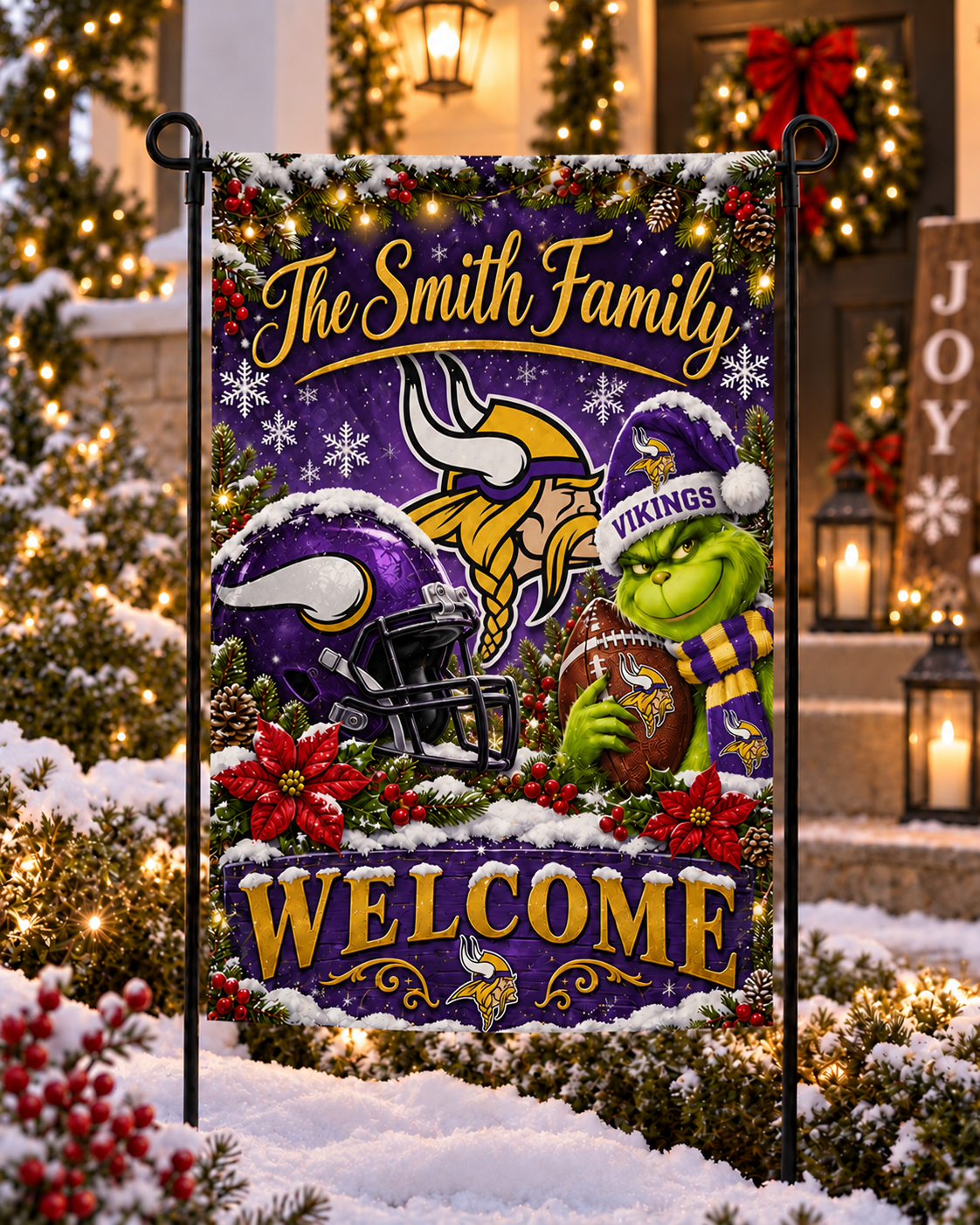 Minnesota Vikings NFL Christmas Grinch Personalized Family Name Welcome Garden Flag