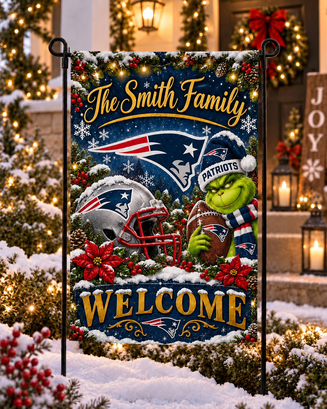 New England Patriots NFL Christmas Grinch Personalized Family Name Welcome Garden Flag