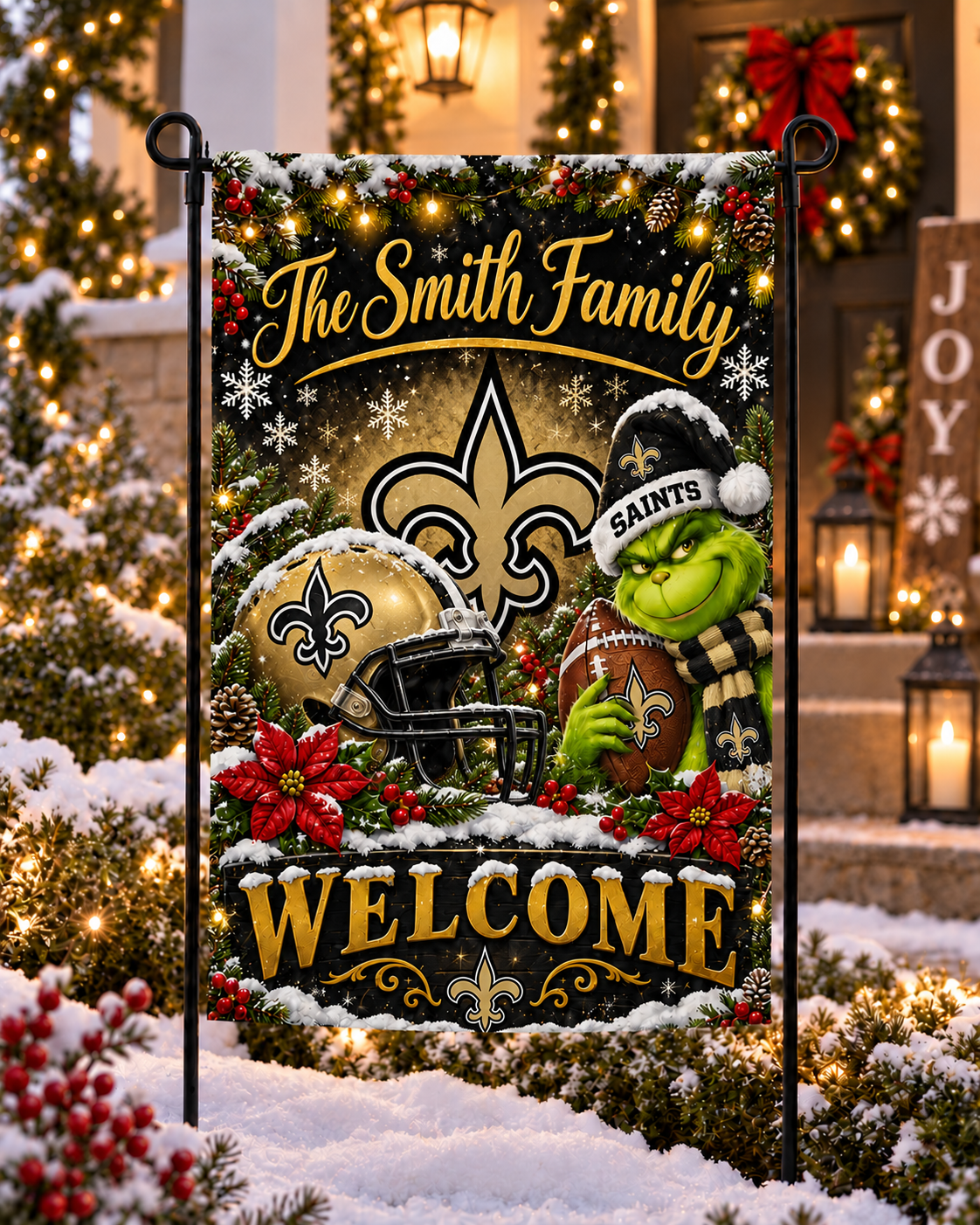 New Orleans Saints NFL Christmas Grinch Personalized Family Name Welcome Garden Flag
