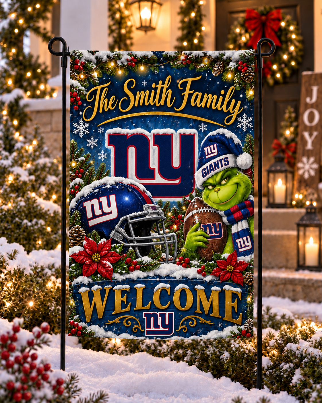 New York Giants NFL Christmas Grinch Personalized Family Name Welcome Garden Flag