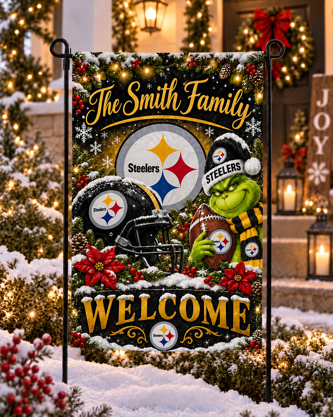 Pittsburgh Steelers NFL Christmas Grinch Personalized Family Name Welcome Garden Flag