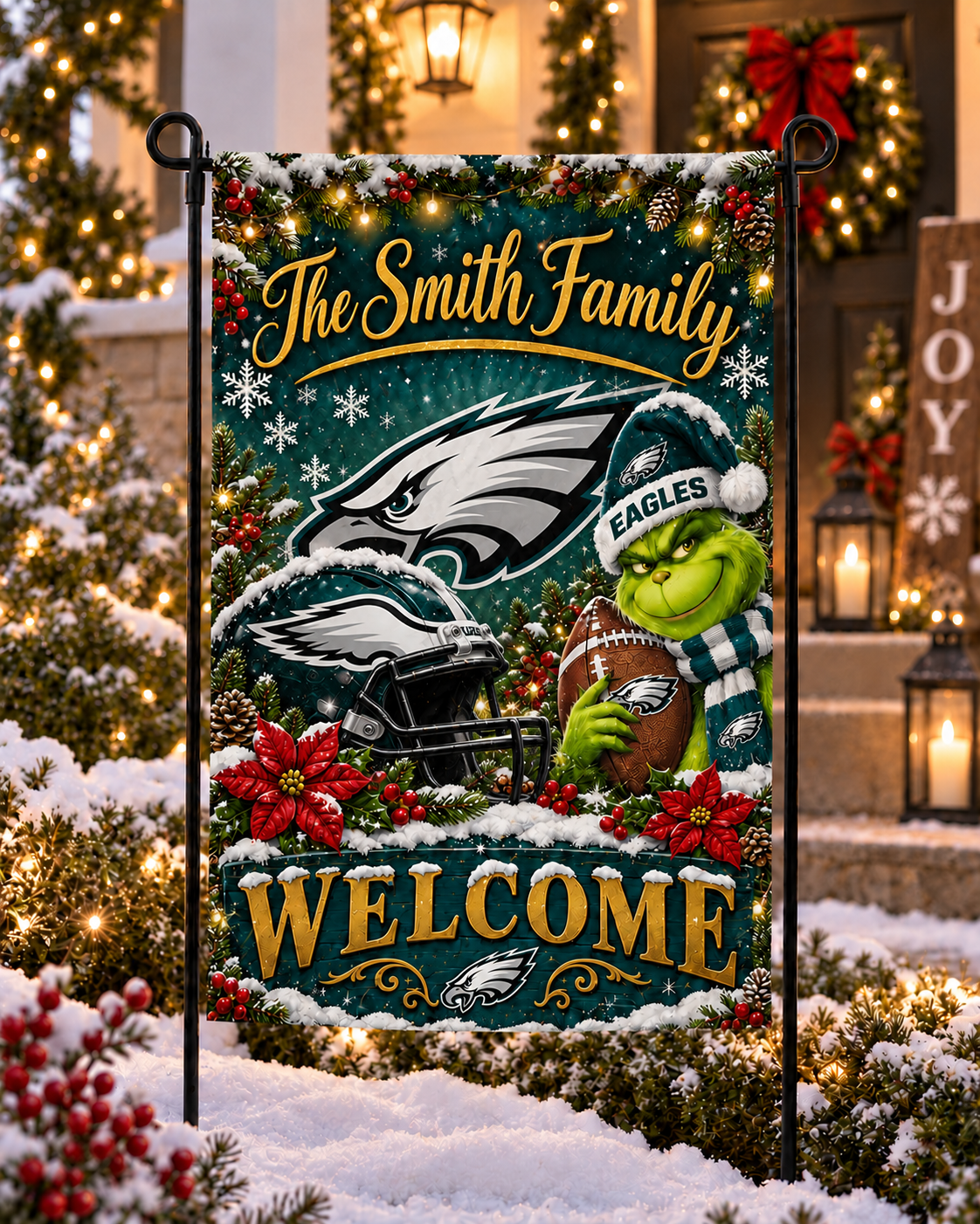 Philadelphia Eagles NFL Christmas Grinch Personalized Family Name Welcome Garden Flag