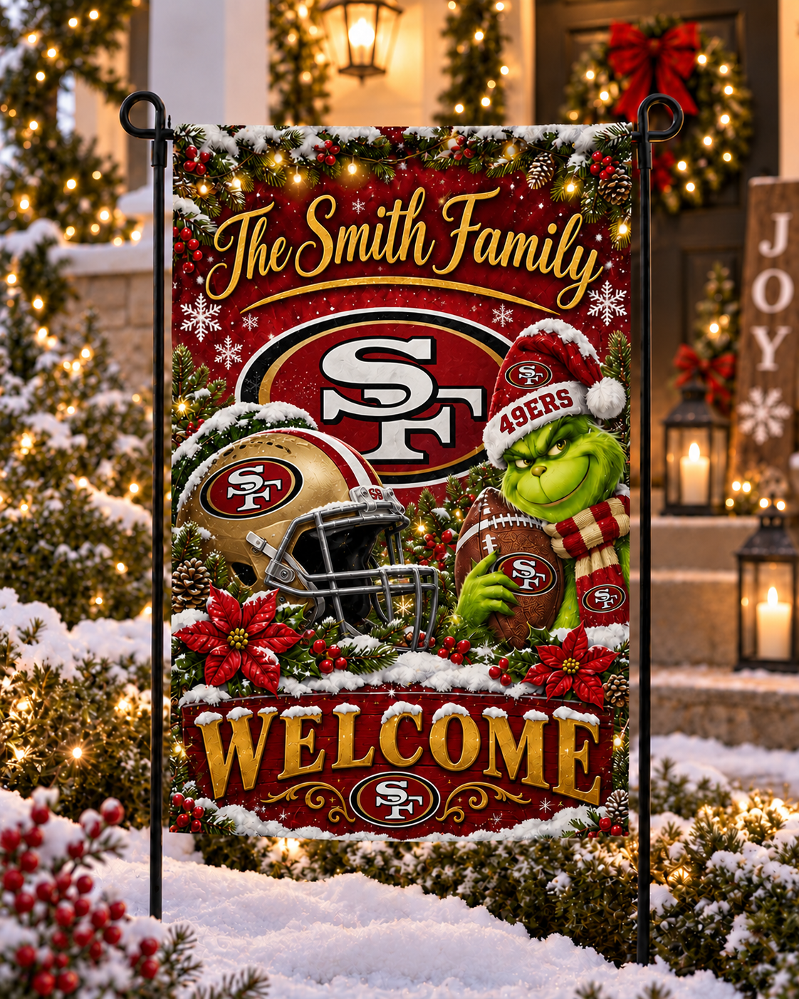 San Francisco 49ers NFL Christmas Grinch Personalized Family Name Welcome Garden Flag