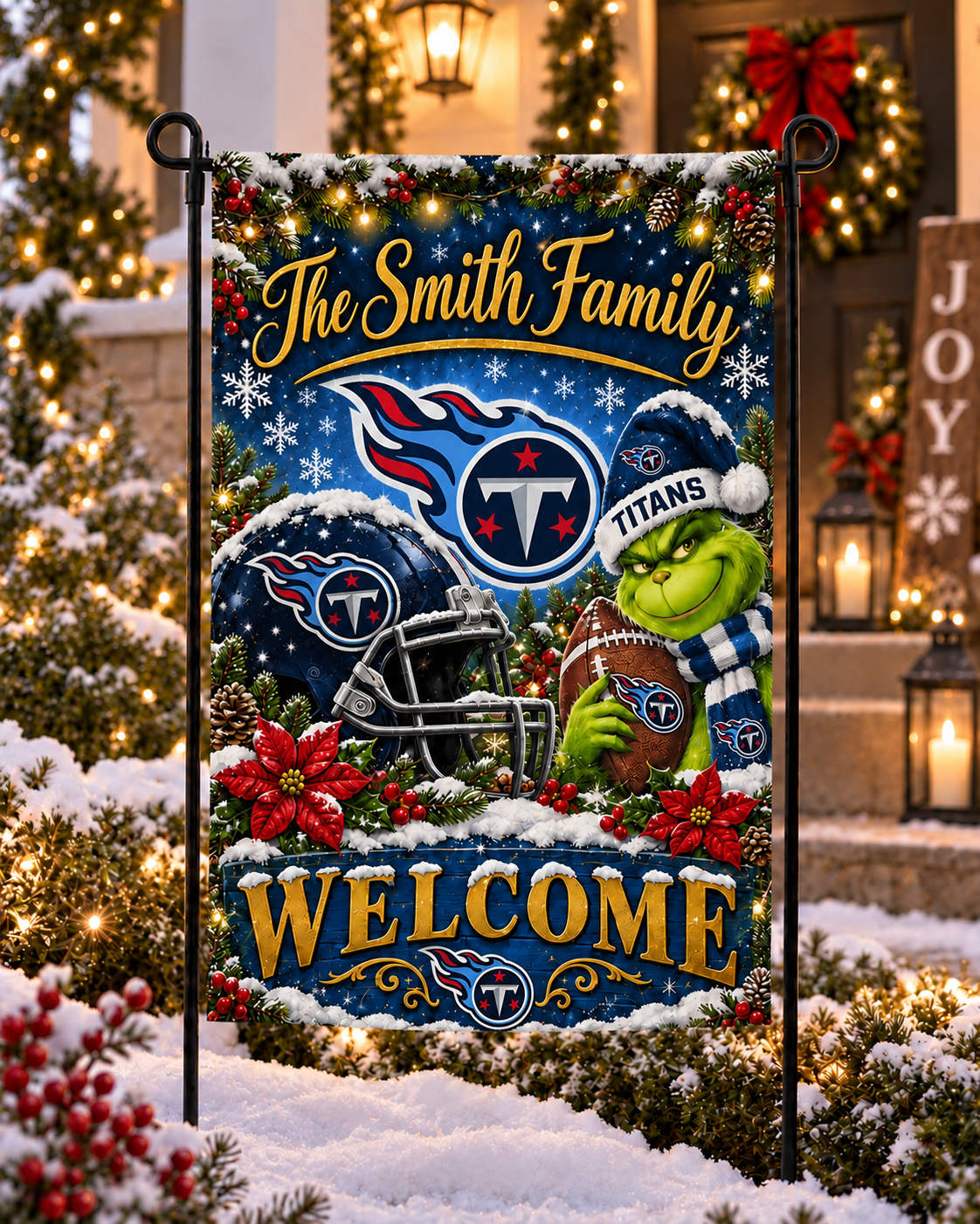 Tennessee Titans NFL Christmas Grinch Personalized Family Name Welcome Garden Flag