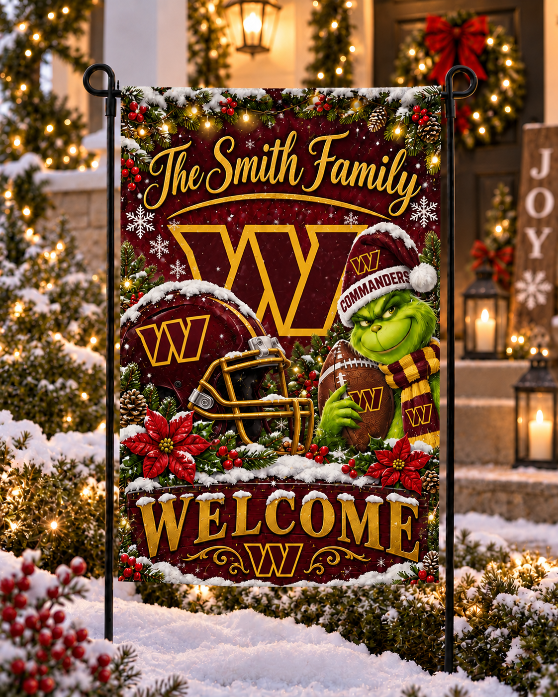 Washington Commanders NFL Christmas Grinch Personalized Family Name Welcome Garden Flag