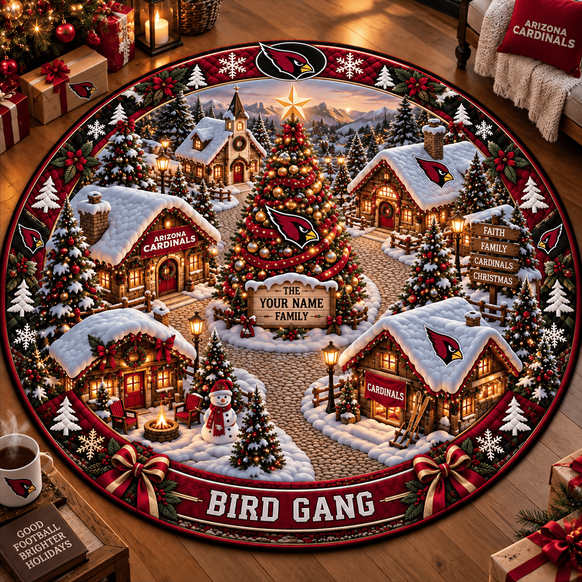 Arizona Cardinals NFL Personalized Christmas Round Rug – Custom Family Name